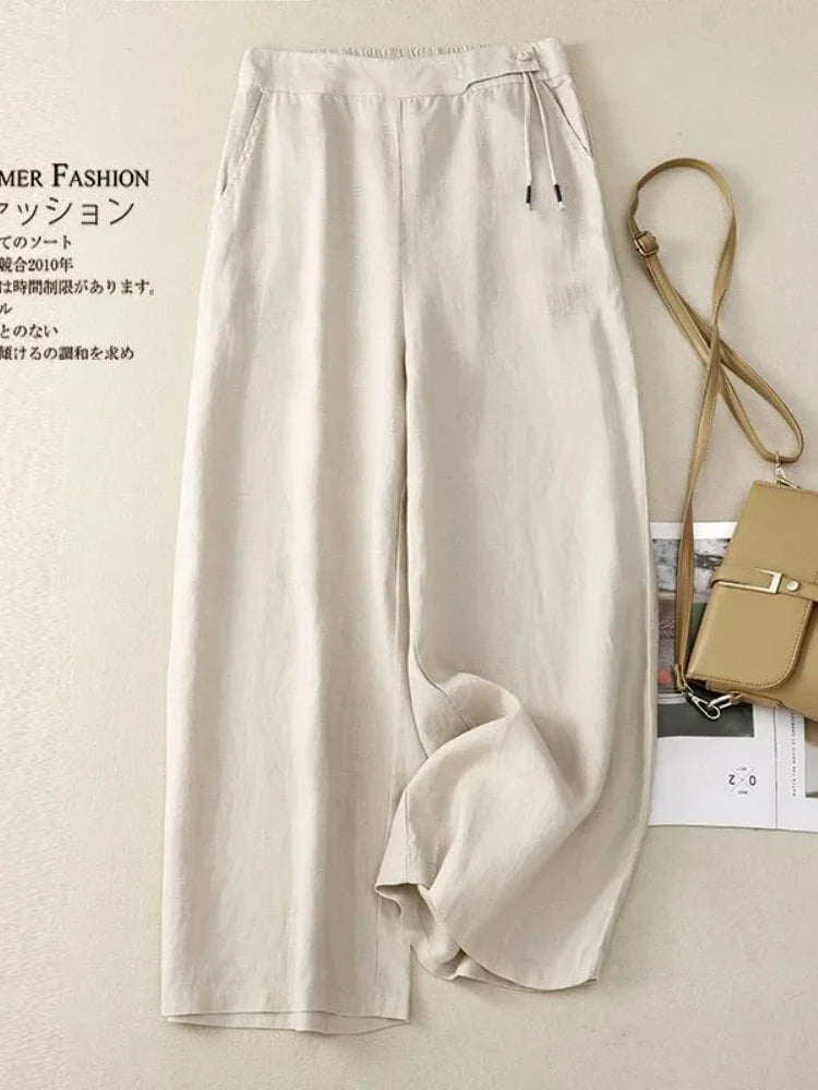 Women Elastic High Waist Cotton and Linen Casual Pants Retro Artistic Summer Wide Leg Pants Loose Straight Yellow Women's Pants