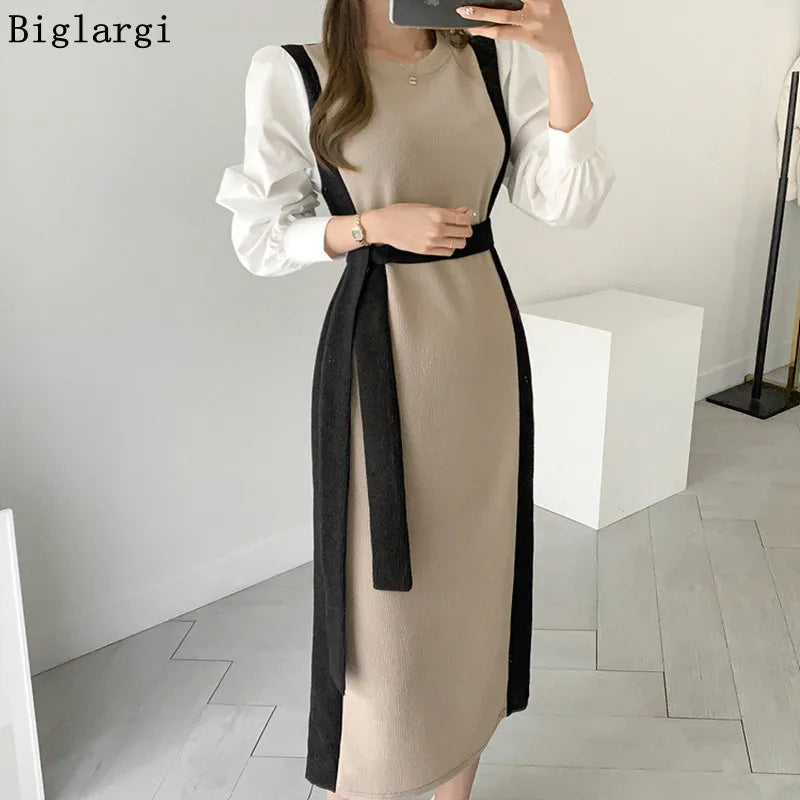 “Elegant Contrast Midi Dress with Puff Sleeves & Waist Tie”