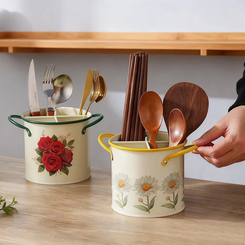 Vintage-Style Cutlery Storage Bucket (Knives & Forks), Chopstick & Utensil Draining Container, Kitchen Supplies Bucket