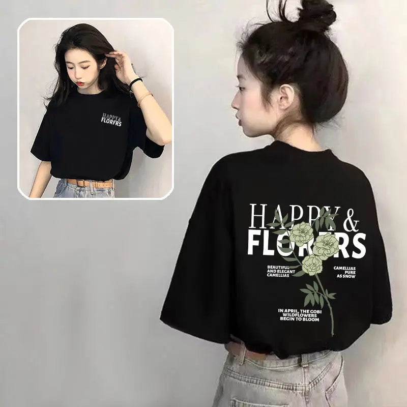 Premium Cotton Cute Flowers Floral Graphic Tee Breathable Double-Sided Flower Print T-Shirt Comfy Minimalist Floral Oversized