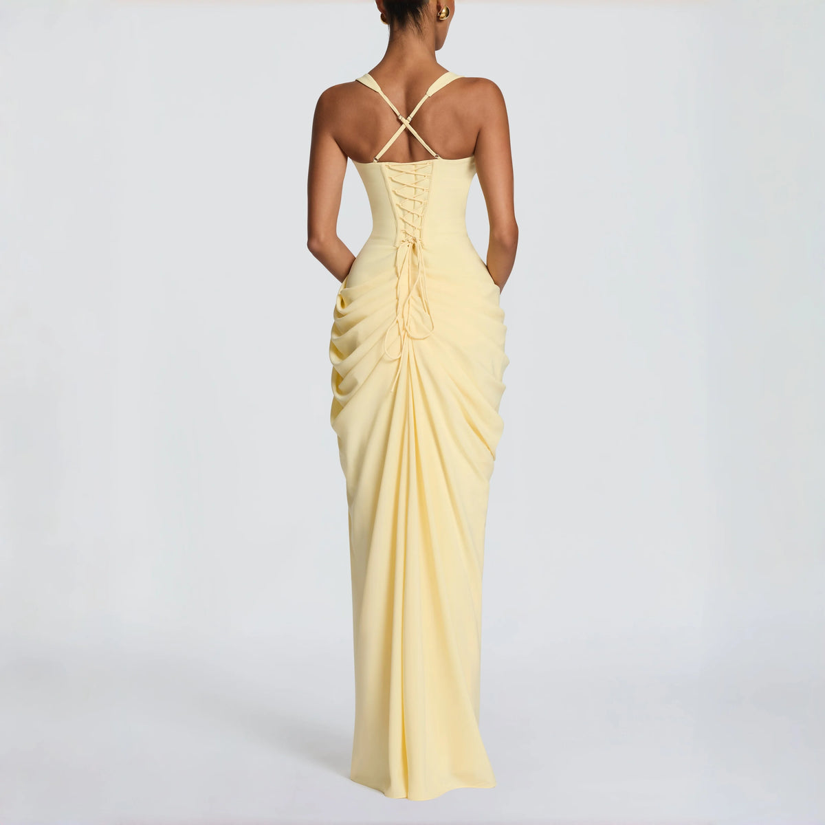 Sweetheart Spaghetti Strap Corset Maxi Dress Side Ruched High Slit Cross Lace Up Back Formal Wedding Guest Evening Prom Gown