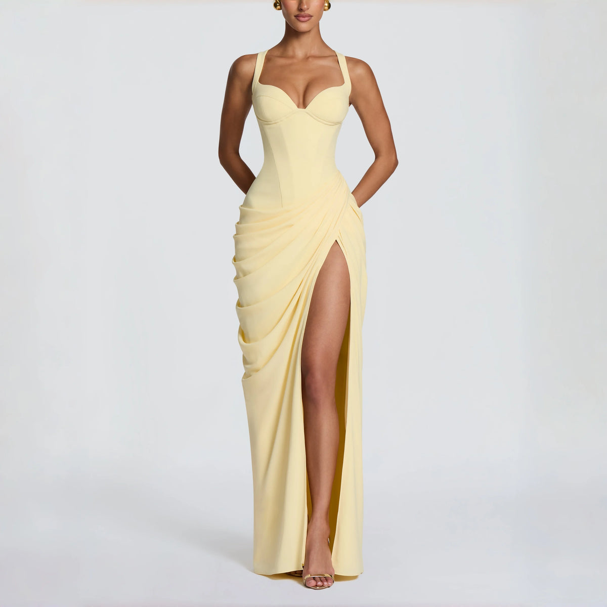 Sweetheart Spaghetti Strap Corset Maxi Dress Side Ruched High Slit Cross Lace Up Back Formal Wedding Guest Evening Prom Gown