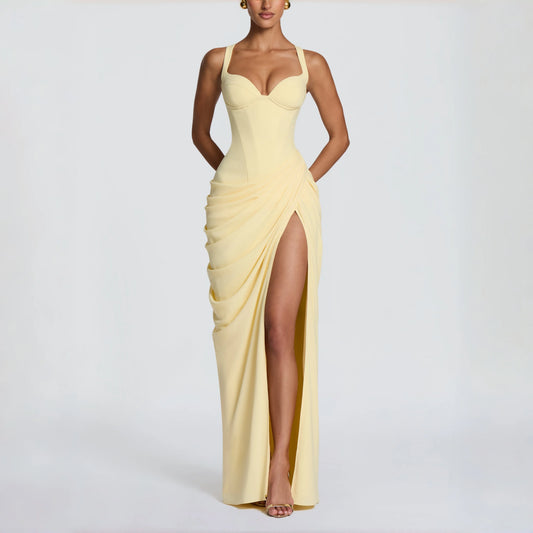 Sweetheart Spaghetti Strap Corset Maxi Dress Side Ruched High Slit Cross Lace Up Back Formal Wedding Guest Evening Prom Gown