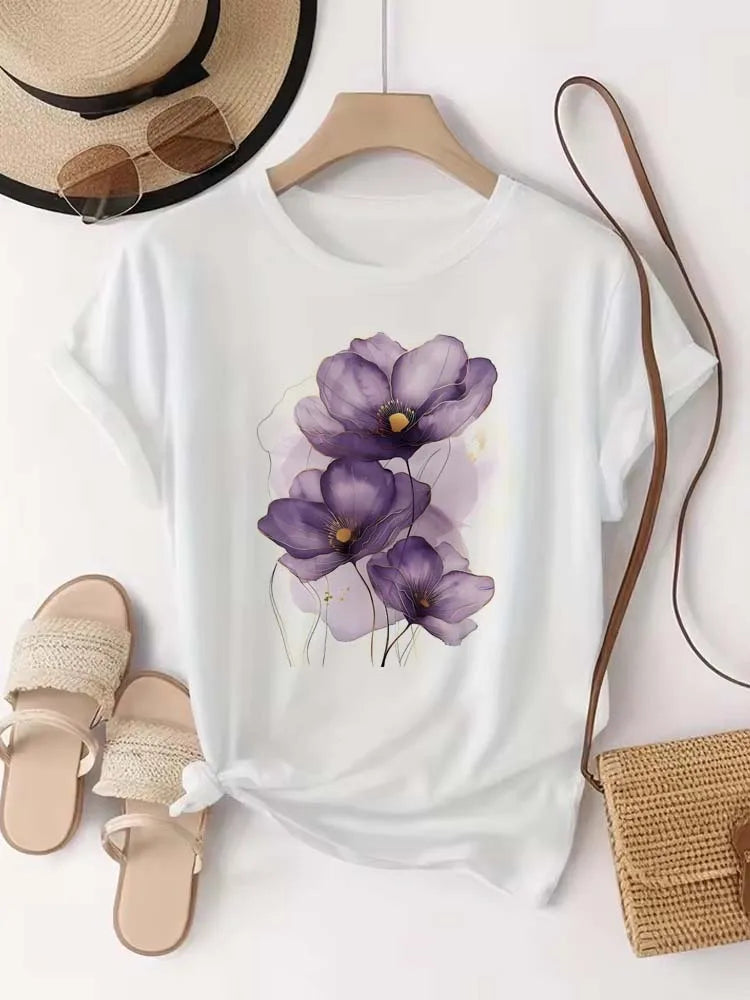 Women's T-shirt Purple Watercolor Flowers Print T Shirt Top Girls Y2k Clothing Summer Short Sleeve Tees Casual Female T-shirt