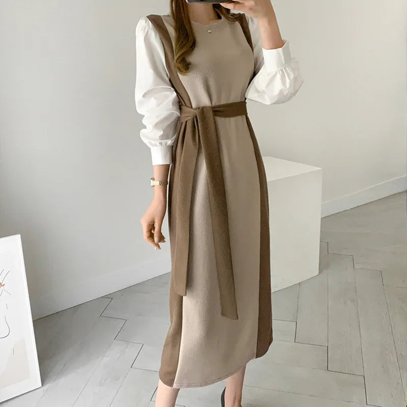 Autumn Knitted Dress Women French Temperament Round Neck Ladies Sweaters Dresses Long Sleeve Lace-up Waist Slim Vestidos 2024