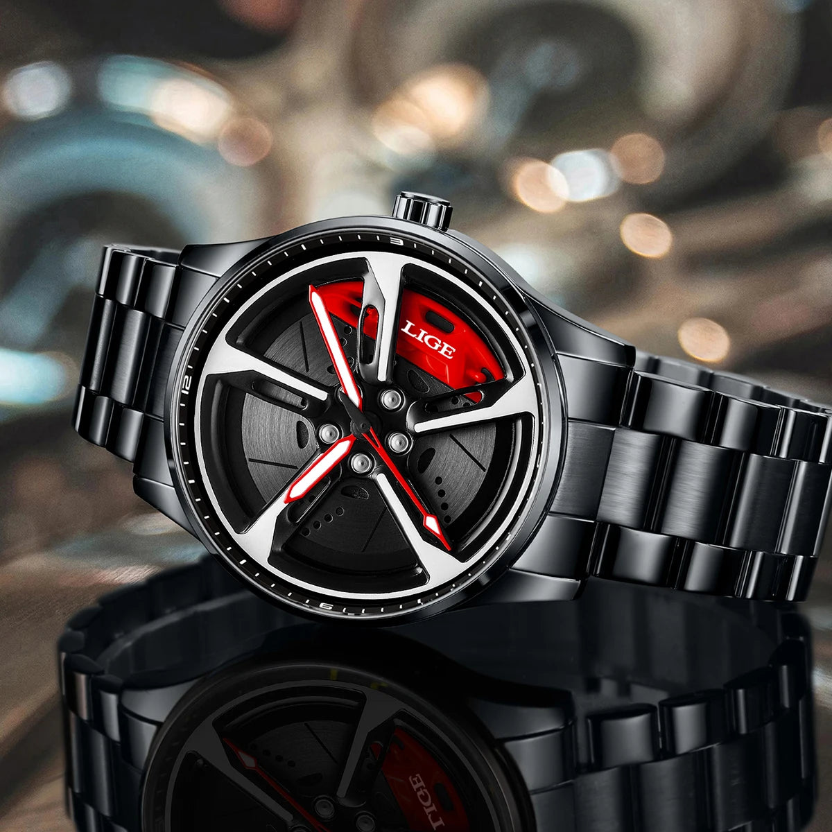 LIGE Creative Quartz Man Watch Waterproof 3D 360° Rotating Skeleton Wheel Car Rim Spinning Casual Sports Watches for Men Clocks