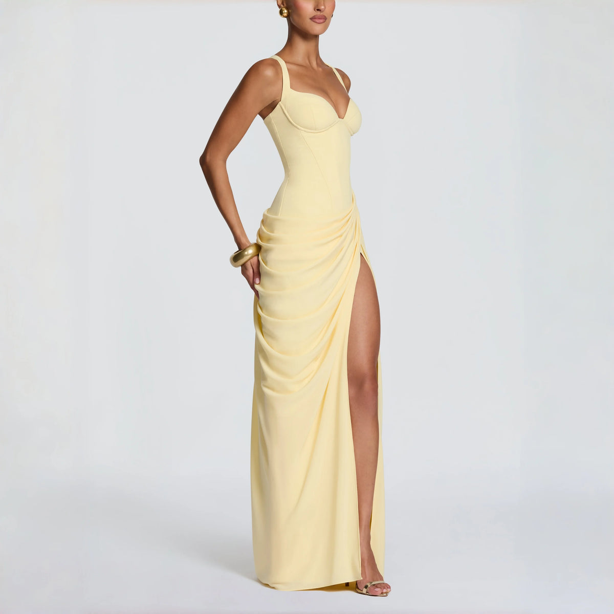 Sweetheart Spaghetti Strap Corset Maxi Dress Side Ruched High Slit Cross Lace Up Back Formal Wedding Guest Evening Prom Gown