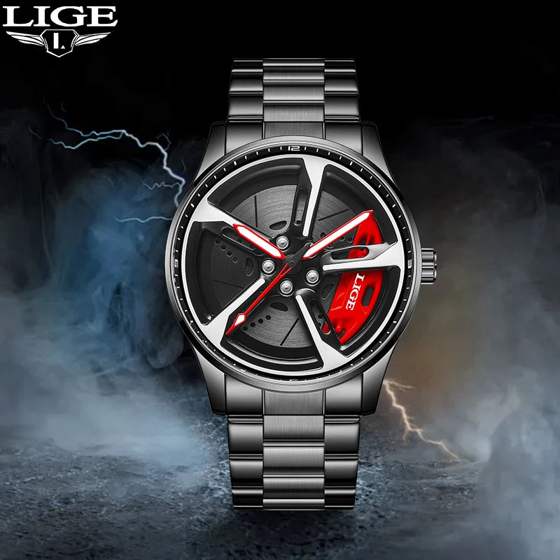 LIGE Creative Quartz Man Watch Waterproof 3D 360° Rotating Skeleton Wheel Car Rim Spinning Casual Sports Watches for Men Clocks