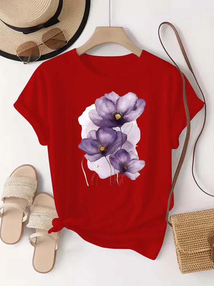 Women's T-shirt Purple Watercolor Flowers Print T Shirt Top Girls Y2k Clothing Summer Short Sleeve Tees Casual Female T-shirt