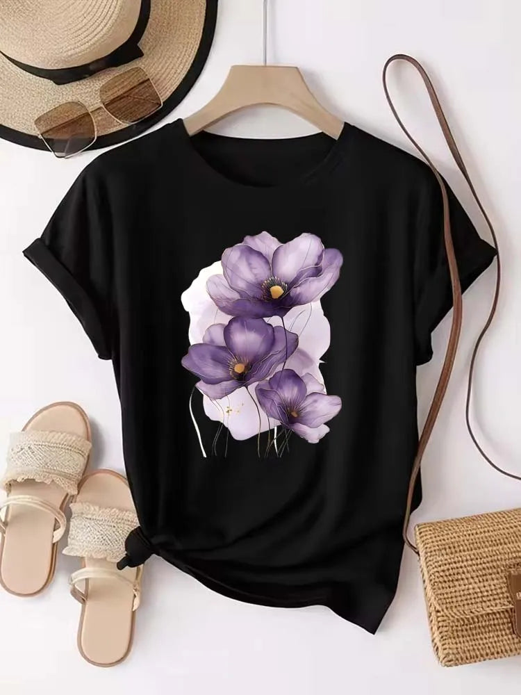 Women's T-shirt Purple Watercolor Flowers Print T Shirt Top Girls Y2k Clothing Summer Short Sleeve Tees Casual Female T-shirt