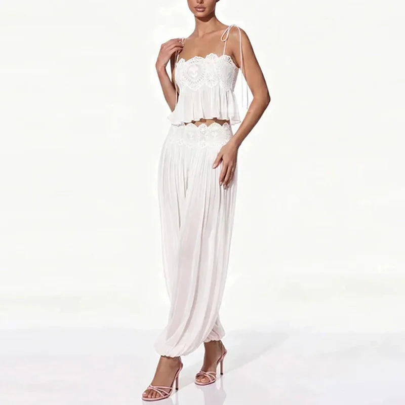 Women Pant Set Sheer Layers Spaghetti Strap Backless Lace Top Straps Solid Loose Straight Elastic Hem Fashion Beach Chic Suits