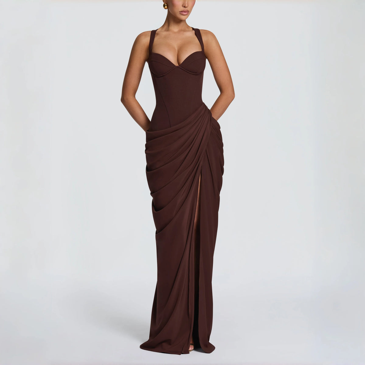 Sweetheart Spaghetti Strap Corset Maxi Dress Side Ruched High Slit Cross Lace Up Back Formal Wedding Guest Evening Prom Gown