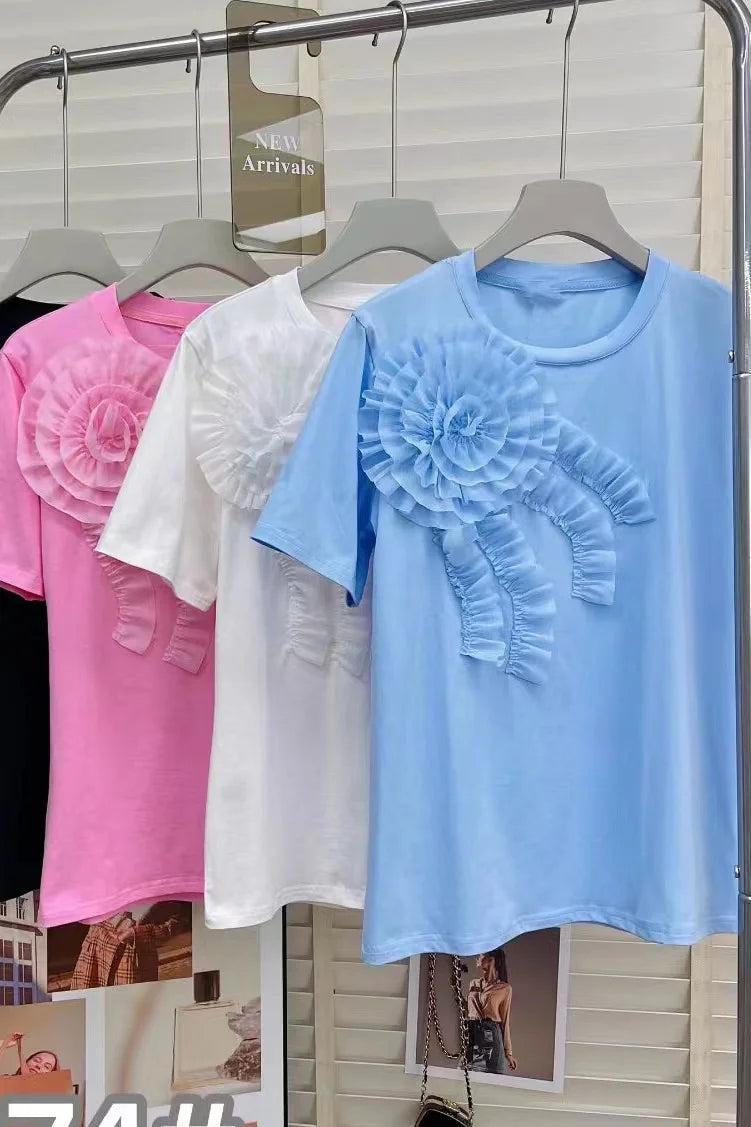 Flowers Stitch Short Sleeve Cotton T-shirt Youthful Woman Clothes T-shirts for Women Summer Tops Tees Women's Clothing Sales