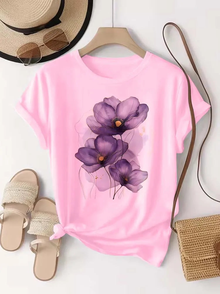 Women's T-shirt Purple Watercolor Flowers Print T Shirt Top Girls Y2k Clothing Summer Short Sleeve Tees Casual Female T-shirt