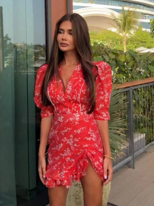 Women Red Floral Printed Mini Dress V-neck Short Sleeved Puff Sleeve Waist Trim Ruffle Slit Hem Dresses 2026 Summer Party Gown