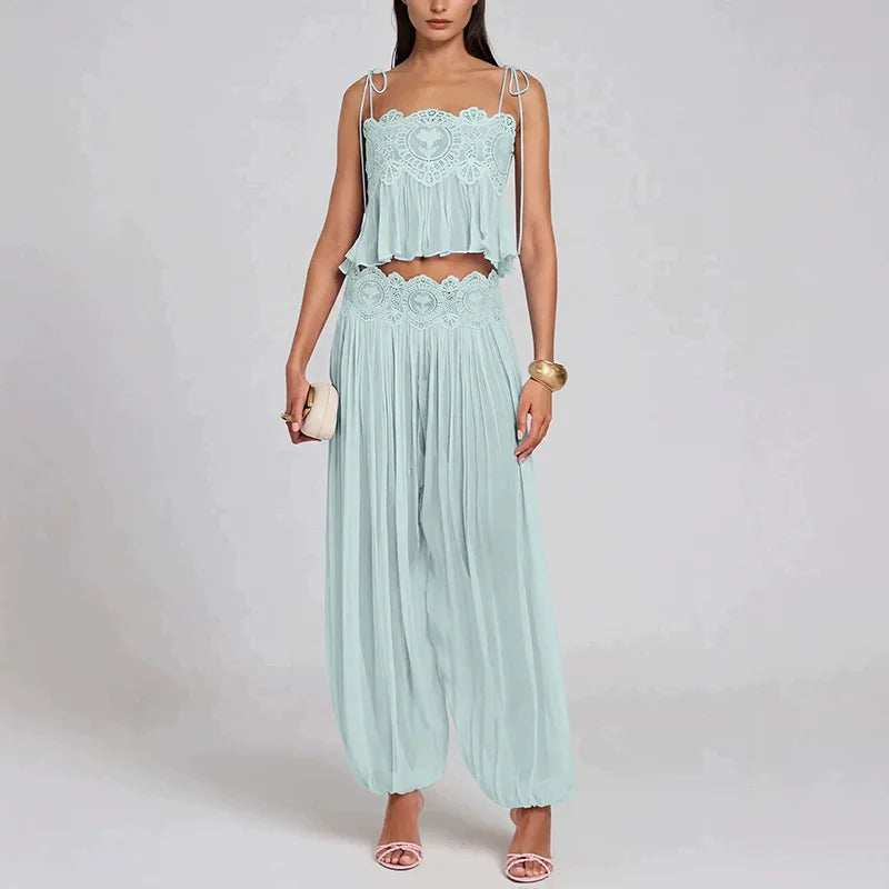 Women Pant Set Sheer Layers Spaghetti Strap Backless Lace Top Straps Solid Loose Straight Elastic Hem Fashion Beach Chic Suits
