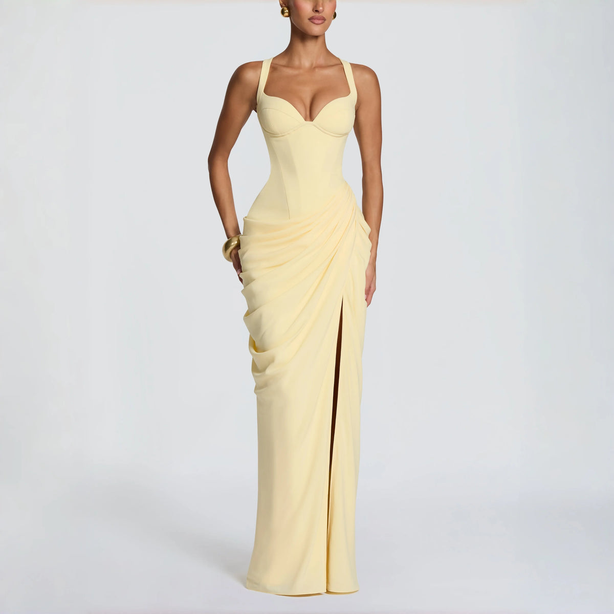 Sweetheart Spaghetti Strap Corset Maxi Dress Side Ruched High Slit Cross Lace Up Back Formal Wedding Guest Evening Prom Gown