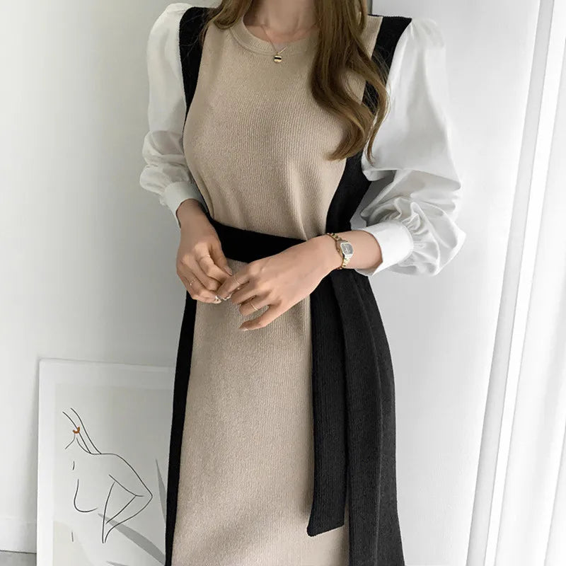 Autumn Knitted Dress Women French Temperament Round Neck Ladies Sweaters Dresses Long Sleeve Lace-up Waist Slim Vestidos 2024