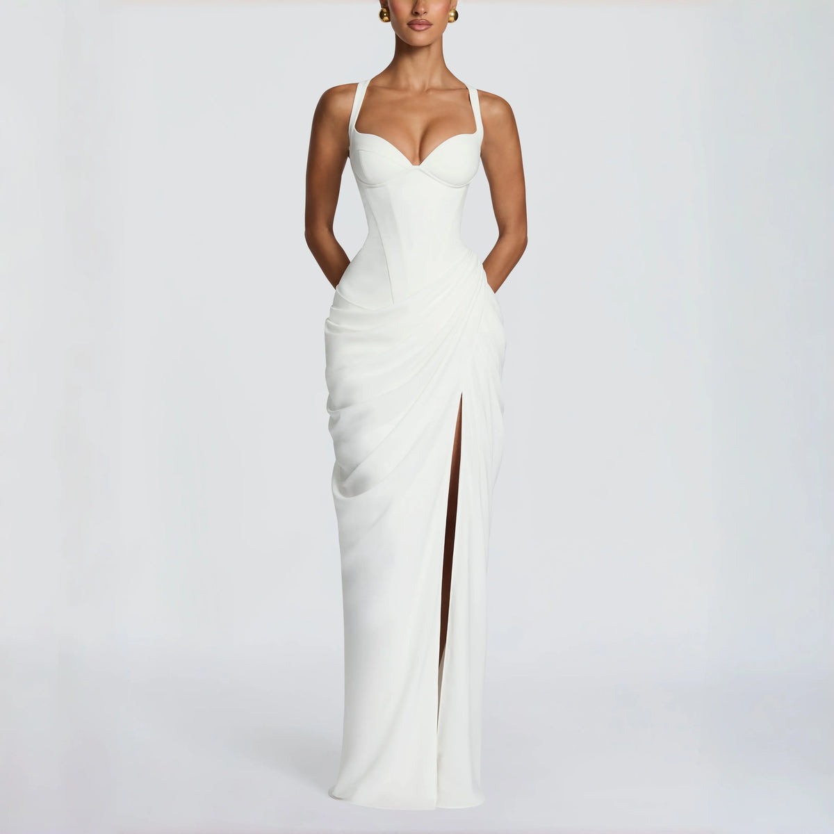 Sweetheart Spaghetti Strap Corset Maxi Dress Side Ruched High Slit Cross Lace Up Back Formal Wedding Guest Evening Prom Gown