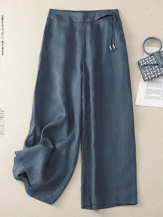 Women Elastic High Waist Cotton and Linen Casual Pants Retro Artistic Summer Wide Leg Pants Loose Straight Yellow Women's Pants