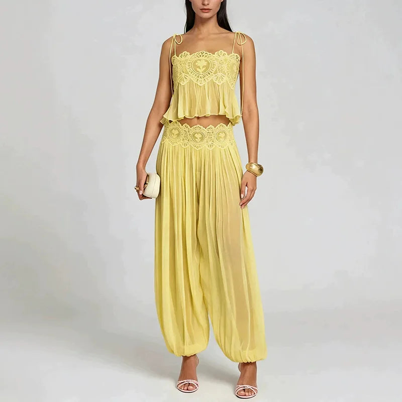Women Pant Set Sheer Layers Spaghetti Strap Backless Lace Top Straps Solid Loose Straight Elastic Hem Fashion Beach Chic Suits