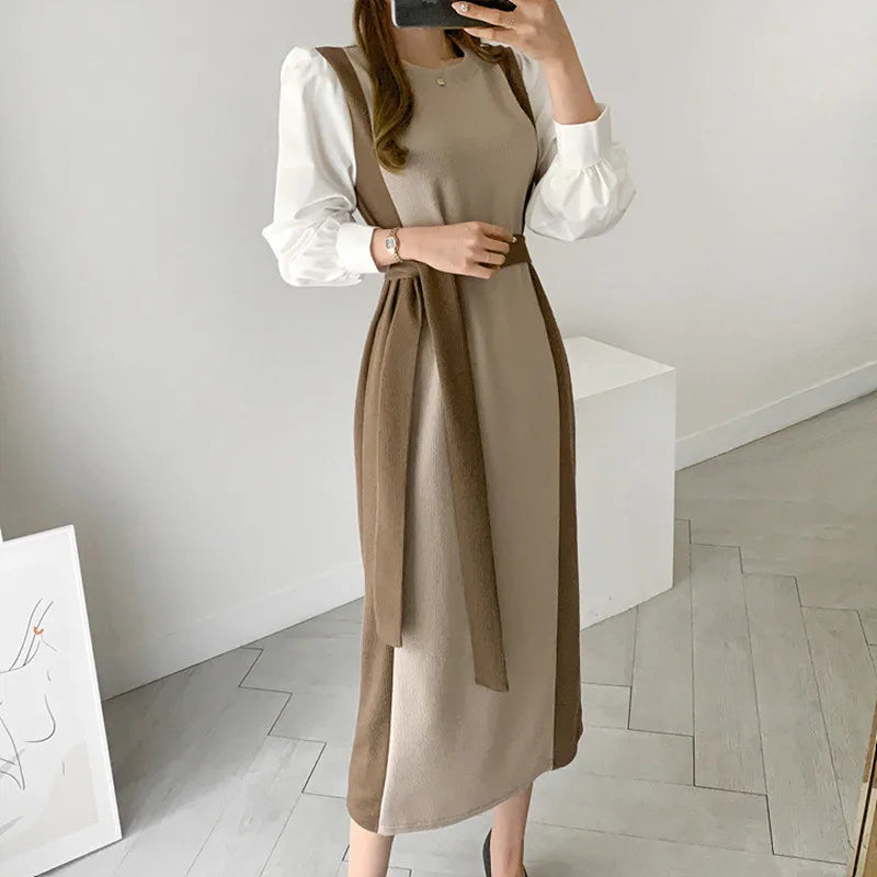 Autumn Knitted Dress Women French Temperament Round Neck Ladies Sweaters Dresses Long Sleeve Lace-up Waist Slim Vestidos 2024