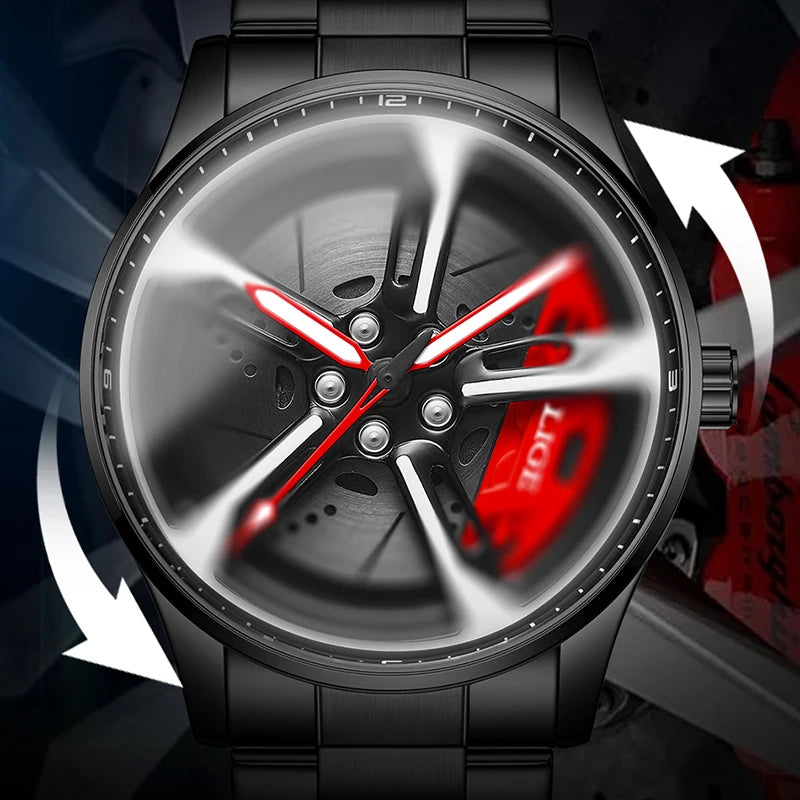 LIGE Creative Quartz Man Watch Waterproof 3D 360° Rotating Skeleton Wheel Car Rim Spinning Casual Sports Watches for Men Clocks