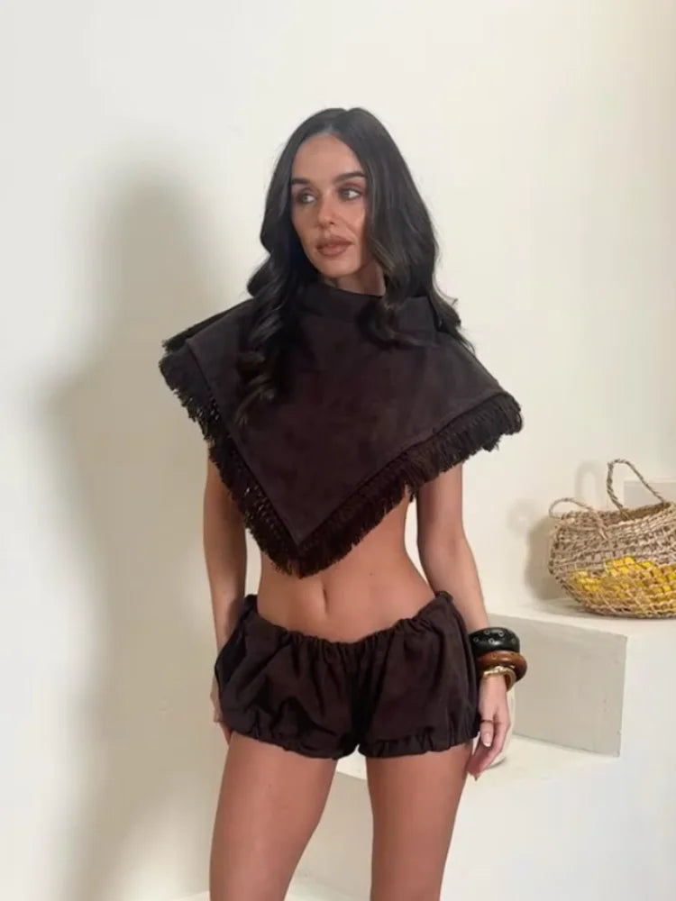 Women Solid 2 Piece Set Sleeveless Fringe Trim Triangle Wrap Crop Top Elastic Waist Bubble Mini Shorts Vacation Beach Outfit