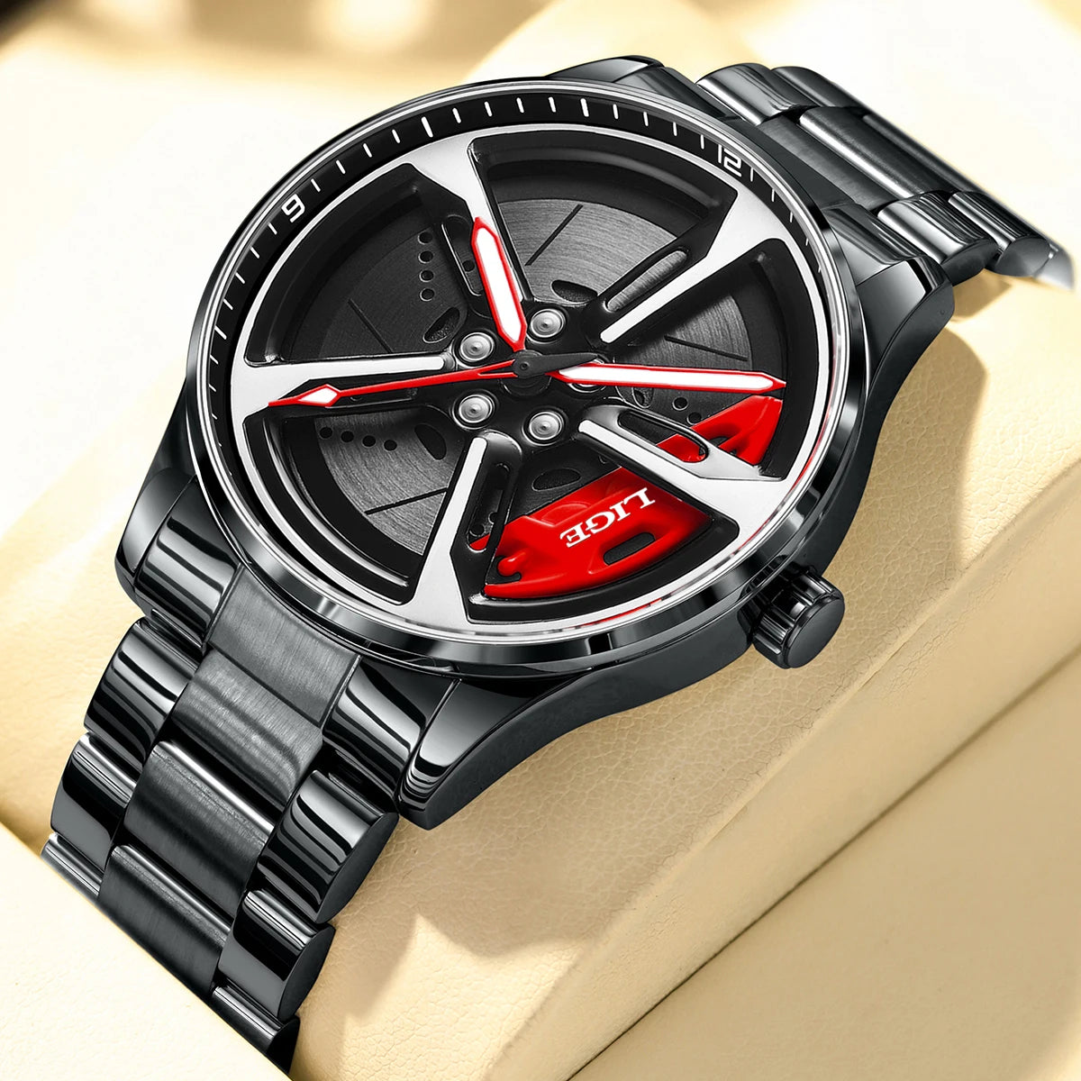 LIGE Creative Quartz Man Watch Waterproof 3D 360° Rotating Skeleton Wheel Car Rim Spinning Casual Sports Watches for Men Clocks