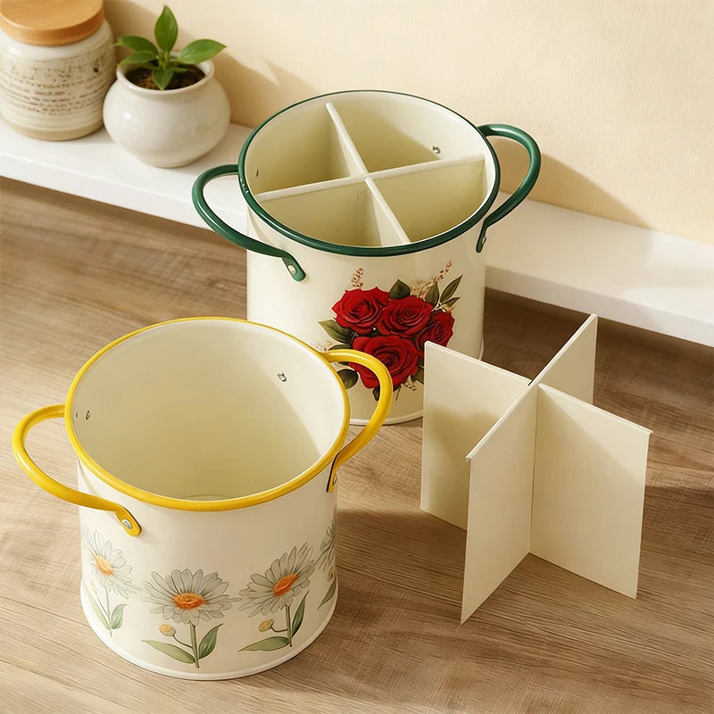 Vintage-Style Cutlery Storage Bucket (Knives & Forks), Chopstick & Utensil Draining Container, Kitchen Supplies Bucket