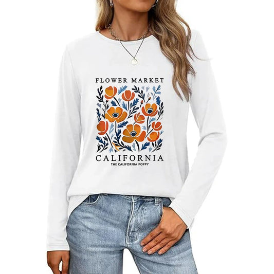 Women's Yellow Flowers Market California Print T-Shirt Woman Casual O-Neck  Long Sleeve Tees Tops Ladies Vintage T Shirt Tshirt
