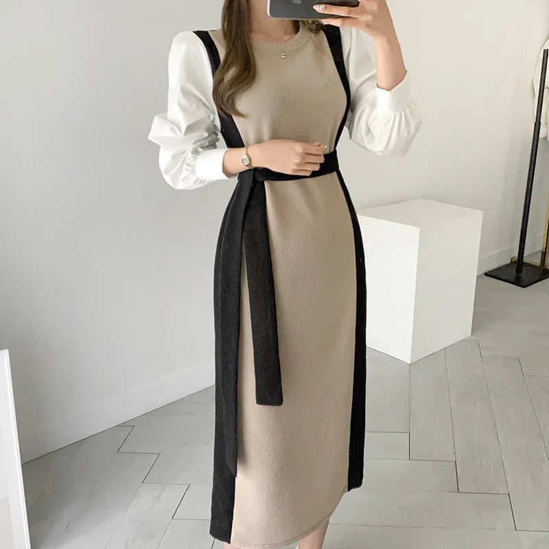 Autumn Knitted Dress Women French Temperament Round Neck Ladies Sweaters Dresses Long Sleeve Lace-up Waist Slim Vestidos 2024
