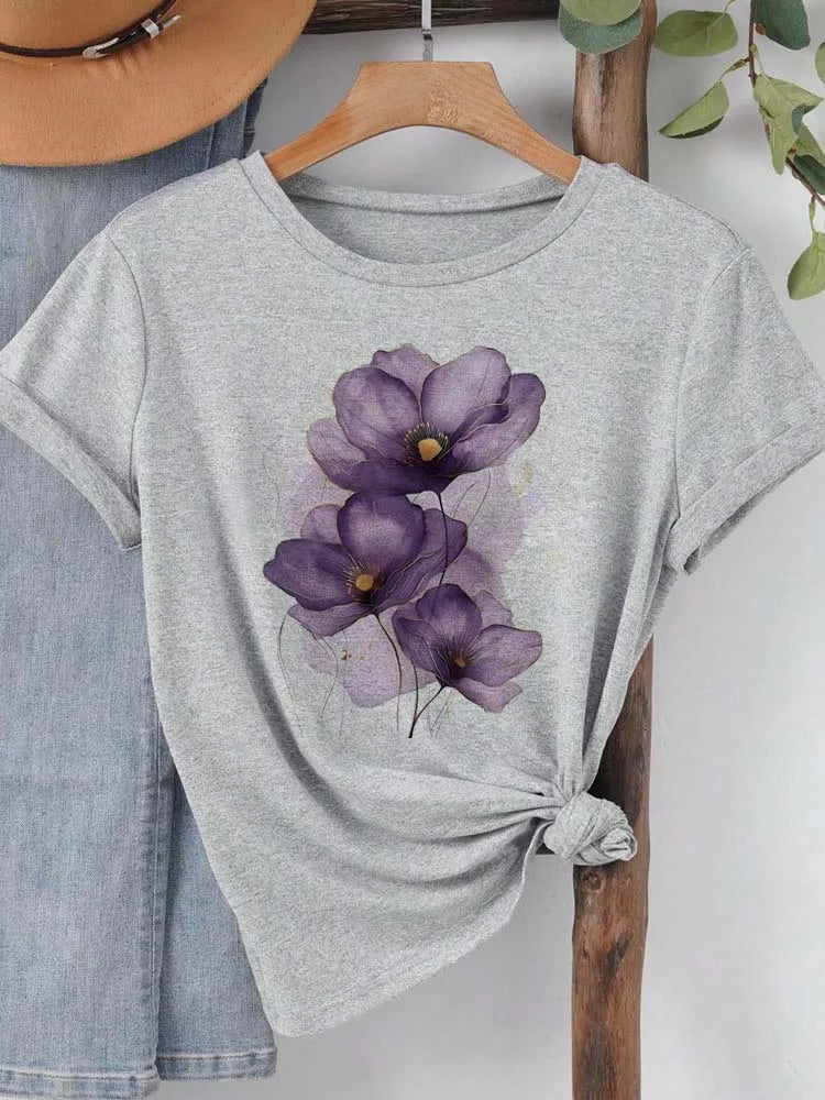 Women's T-shirt Purple Watercolor Flowers Print T Shirt Top Girls Y2k Clothing Summer Short Sleeve Tees Casual Female T-shirt