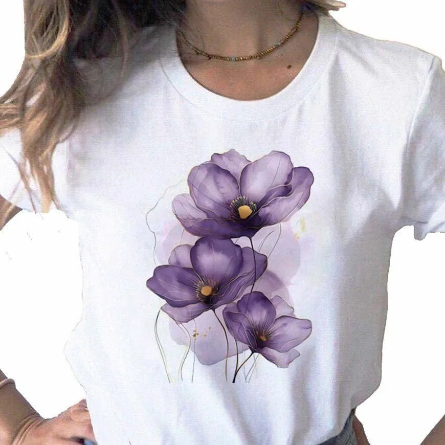 Women's T-shirt Purple Watercolor Flowers Print T Shirt Top Girls Y2k Clothing Summer Short Sleeve Tees Casual Female T-shirt