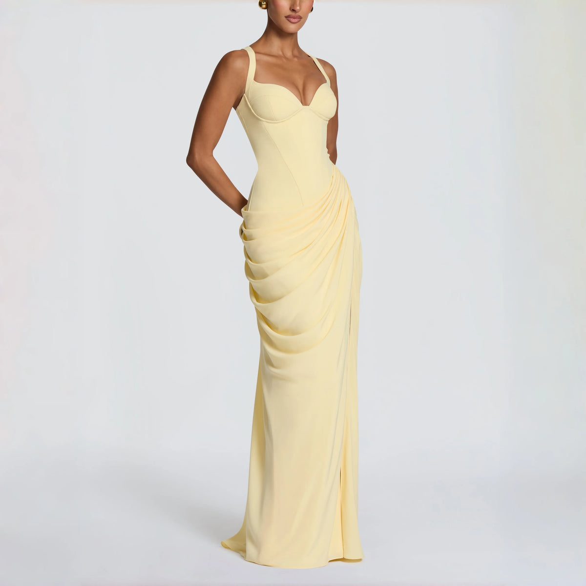 Sweetheart Spaghetti Strap Corset Maxi Dress Side Ruched High Slit Cross Lace Up Back Formal Wedding Guest Evening Prom Gown