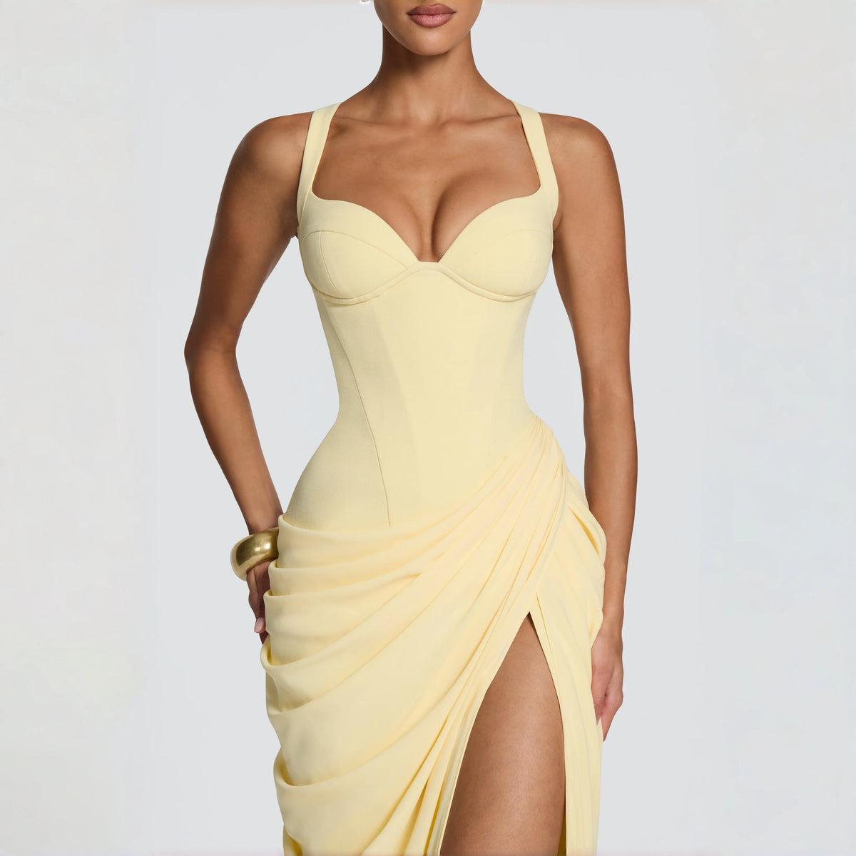 Sweetheart Spaghetti Strap Corset Maxi Dress Side Ruched High Slit Cross Lace Up Back Formal Wedding Guest Evening Prom Gown