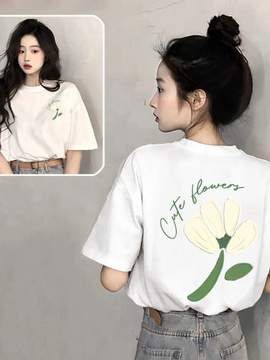 Premium Cotton Cute Flowers Floral Graphic Tee Breathable Double-Sided Flower Print T-Shirt Comfy Minimalist Floral Oversized
