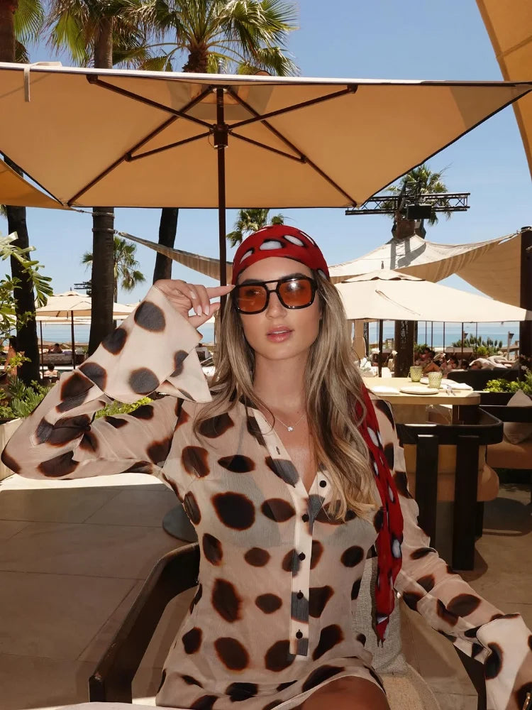 2026 Women Chic Vacation Outfits Fashion Leopard Print Sheer Chiffon Shirt Casual Turn-down Collar Mini Dress & Detachable Scarf