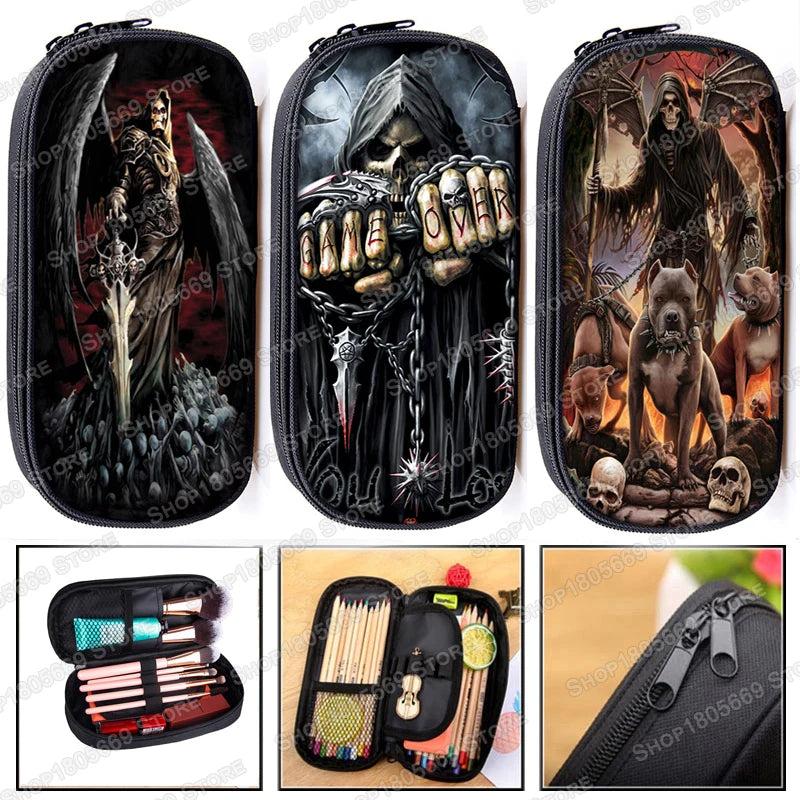 Cool Death Skull Cosmetic Cases Pencil Holder Kids Bag Boys Azrael Grim Reaper Pencil Box School Cases Children Makeup Bags
