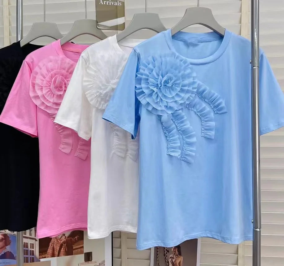 Flowers Stitch Short Sleeve Cotton T-shirt Youthful Woman Clothes T-shirts for Women Summer Tops Tees Women's Clothing Sales