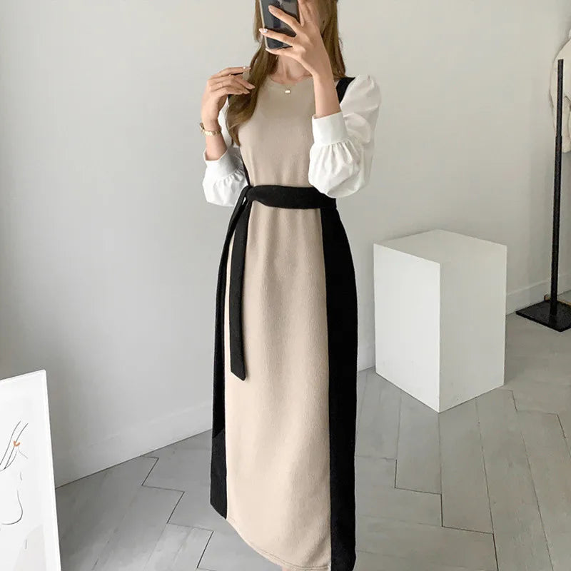 Autumn Knitted Dress Women French Temperament Round Neck Ladies Sweaters Dresses Long Sleeve Lace-up Waist Slim Vestidos 2024